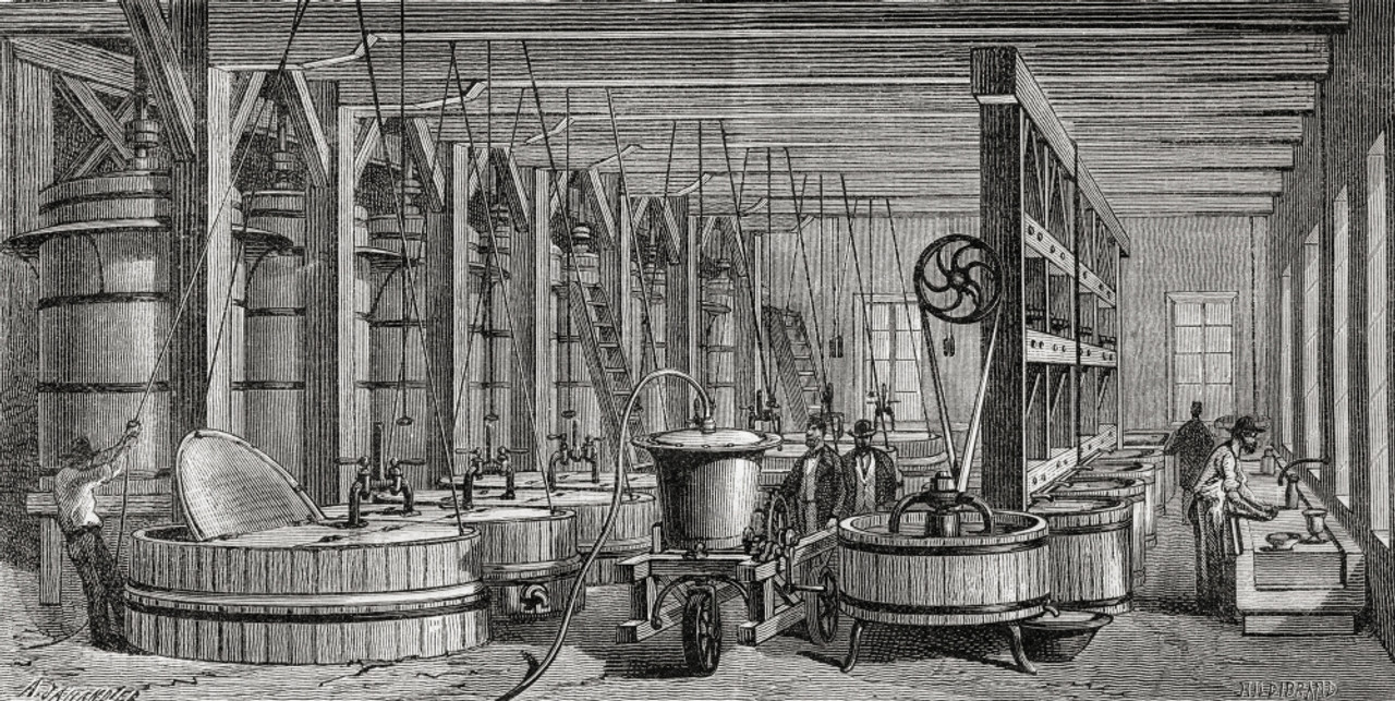 Historical engraving of an early industrial setting, possibly an 18th or 19th-century brewery or purification laboratory.